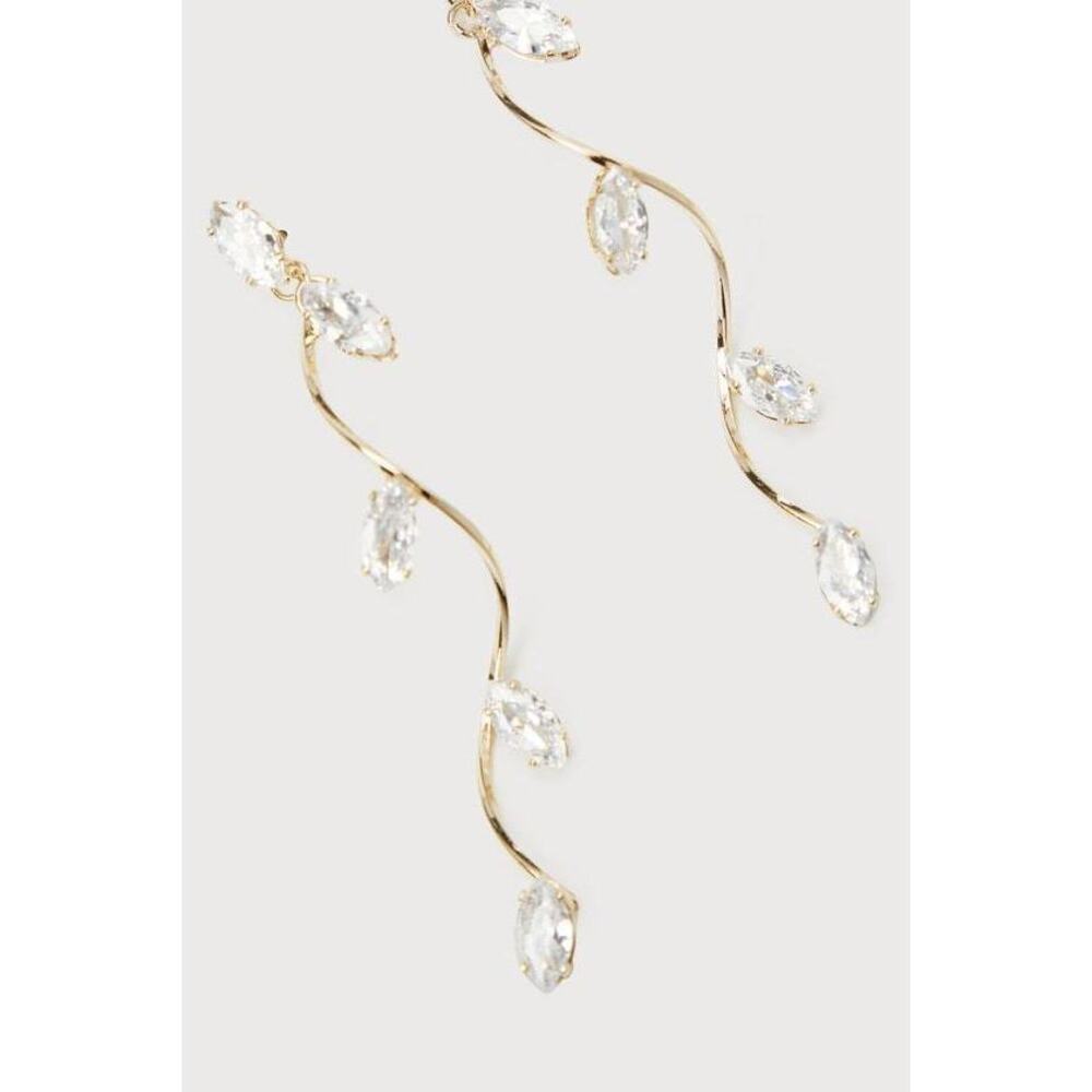 Lulus Tenderly Twining Gold Rhinestone Twisted Leaf Drop Earrings